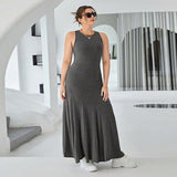 Plus Size Women Casual round Neck Sleeveless Dress Summer High Waist Slim Fit Maxi Dress