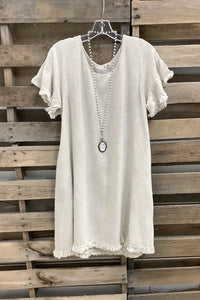 Ladies Cotton Linen Dress Solid Color Short Sleeve Burr Side Pocket Midi Dress