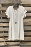 Ladies Cotton Linen Dress Solid Color Short Sleeve Burr Side Pocket Midi Dress