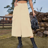 Women Clothing Sexy Elastic Waist Denim Cargo Pants Casual Midi Dress Skirt