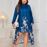Plus Size Dress Faux Two Piece Turtleneck Long Sleeve Asymmetric Dress Women