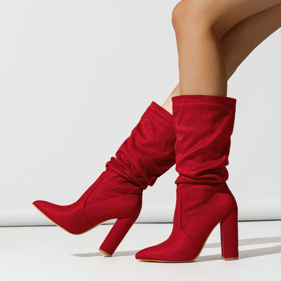 Women Pointed Slip on Winter Fashionable Chunky Heel High Heel Boots Comfortable Women Boots Chunky Heel