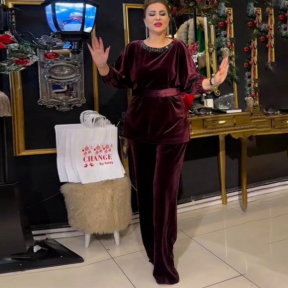 Spring Gold Velvet Western Slimming round Neck Pullover Straight Leg Pants Two Piece Set