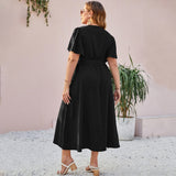 Plus Size Slim Fit Below Knee Maxi Dress Elegant Slit Lace Up Short Sleeve Slim Dress