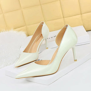 Simple Stiletto Heel Shiny Patent Leather Shallow Mouth Pointed Side Hollow Out Cutout High Heels Women Shoes