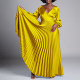 Women Clothing V neck Long Sleeve Pleated Dress plus Size Dress