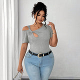 Plus Size Women Summer Simple T shirt Twist Design Irregular Asymmetric Short Top