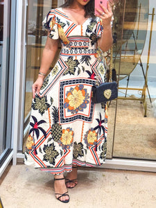 Women Positioning Print Holiday Casual Ruffle Sleeve V neck Floral Dress