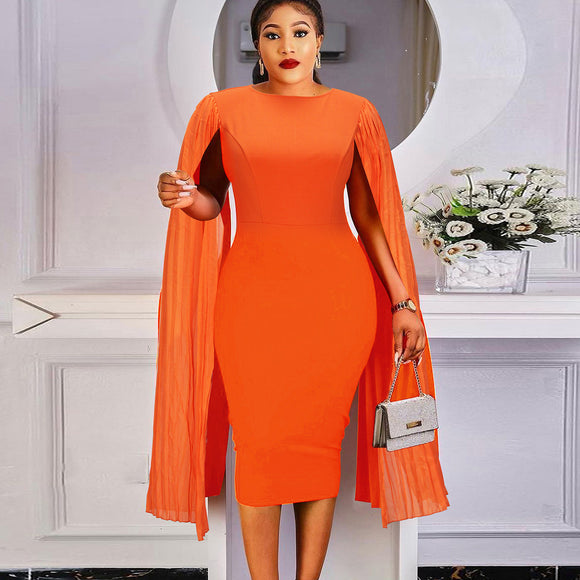 Plus Size Spring Fashionable Elegant Office Super Long Sleeve Pleated Sheath Dress