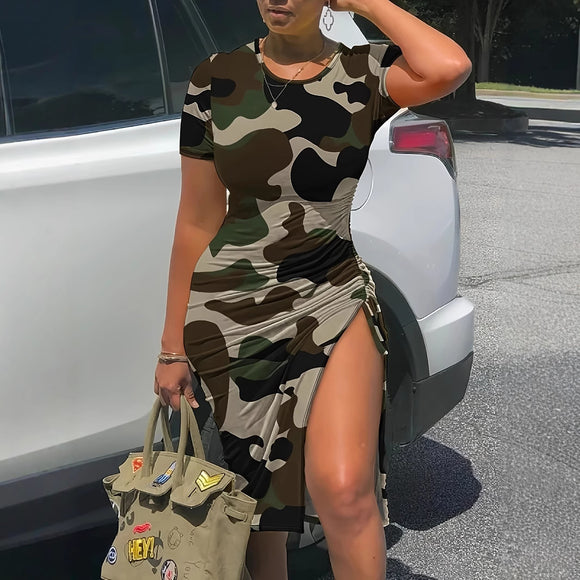 Plus Size Camouflage Printed round Neck Side Pleated High Slit Shoulder Sleeve Dress