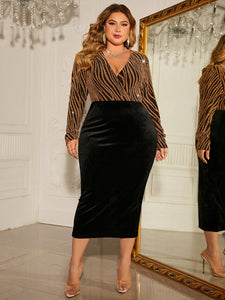 Plus Size Extra Large V neck Long Sleeve Stitching Women Sheath Sexy Dress