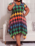 Plus Size Women Clothing Burst Short Sleeve round Neck Printed Fashionable Dress