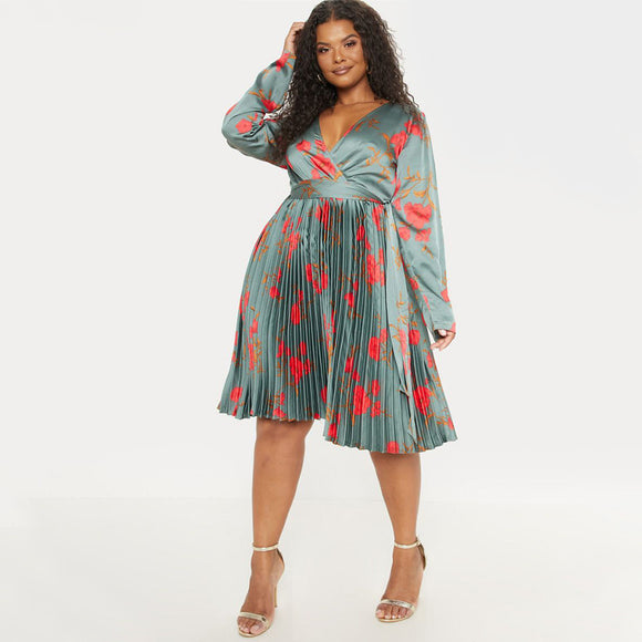Plus Size Simple Floral Dress for Women Autumn Sexy Deep V Plunge neck Pleated Dress Women