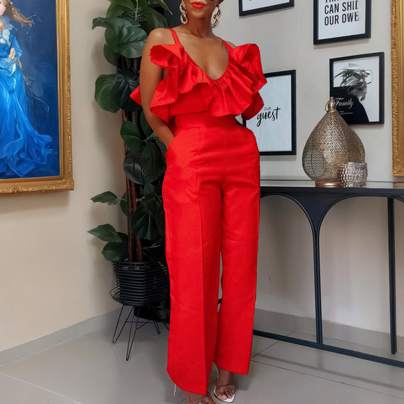 Women Clothing Summer V Neck Flounce Sling Top High Waist Trousers African Suit