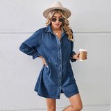 Loose Washed out Long Sleeve Stitching Denim Dress Midi Dress for Women