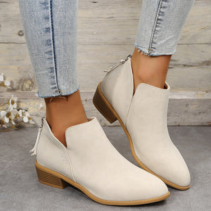 Four Seasons British Chunky Heel Ankle Boots Women Solid Color Pointed Toe Back Zipper Low Heel Shoes