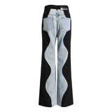 Black Blue Wave Denim Stitching Straight Wide-Leg Pants for Women Summer Internet Celebrity Street Smart Trousers