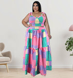 Plus Size Women Clothes Summer Plaid Sling Top Set Large Swing Skirt Sets