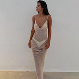 Summer Beach Dress Women Solid Color Sexy Knitted Cutout Beach Swimsuit Blouse Sun Protective Clothing