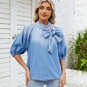 Spring Retro Loose Neckline Lace up Denim Shirt Bow Top Women