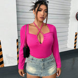 Women Clothing Autumn Winter Sexy Hollow Out Cutout Out Halter Slim Fit Long Sleeved T Shirt Top