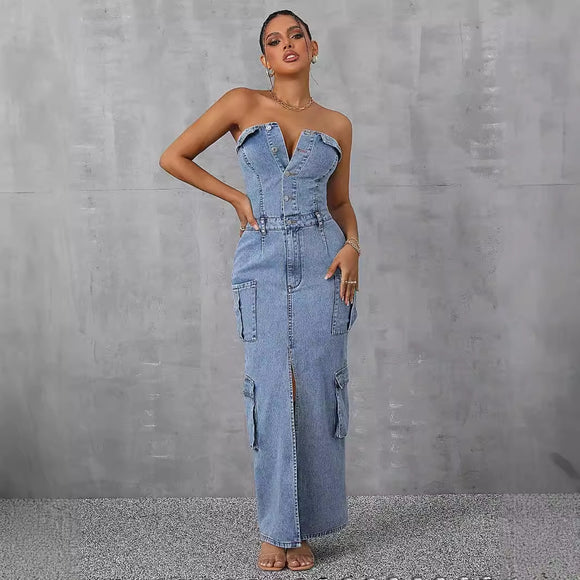 Women Clothing Casual Tube Top Tooling Large Pocket Denim Dress