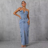 Women Clothing Casual Tube Top Tooling Large Pocket Denim Dress