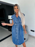 Women Clothing Casual Polo Collar Sleeveless Clinch Open Chest Waist Controlled Lace Up Denim Dress