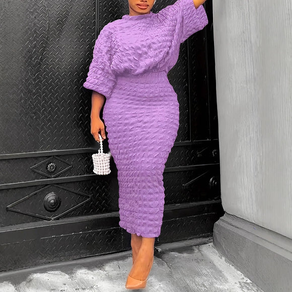 Plus Size Solid Color Seersucker Batwing Sleeve Top Skirt Two Piece Set