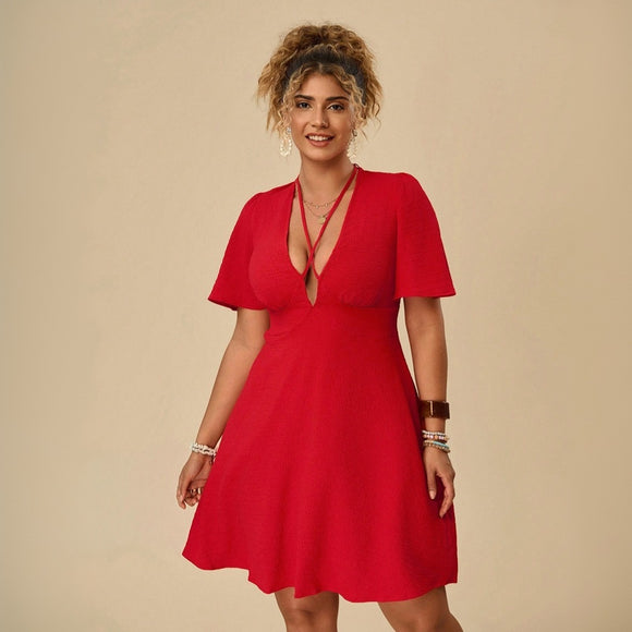 Plus Size Women Clothing Summer Sexy V neck Dress Red Slimming Short Dress