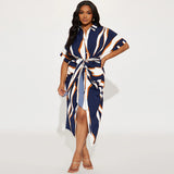 Plus Size Women Striped Bandage Collared Short Sleeve Long Pattern Dress