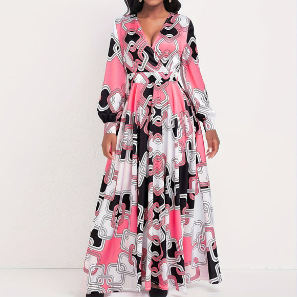 Plus Size Women Clothing Elegant Graceful Printed V Neck No Belt Large Swing Dress