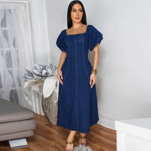 Women Clothing Denim Rubber U Collar Short Sleeve Long Pattern Dress