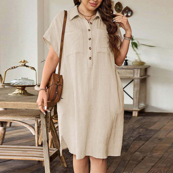 Plus Size Summer Women Loose Casual Shirt Dress Turn down Collar Short Sleeve Solid Color Dress