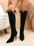 Spring Suede Pointed Toe Stiletto Short Boots Women Stitching Feather Side Zipper Four Seasons Elegant Boots