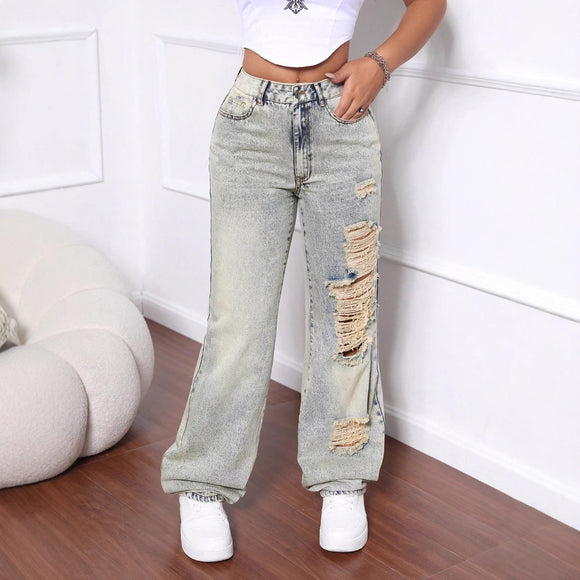 Women Clothing Holes Straight Loose Wide Leg Denim Long