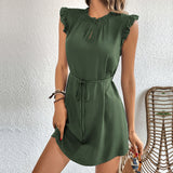 Summer Women Short Flying Sleeves Solid Color Dress