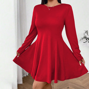 Plus Size Women Clothing Simple Sexy Red Dress Autumn Winter High Waist Slim Fit Midi