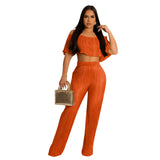 Women Clothing Popular Pleated Ruffled Off Shoulder Wide Leg Pants Suit