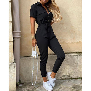 Women Clothing Trousers Casual Collared Button Printed Belt Cargo Overalls Plus size
