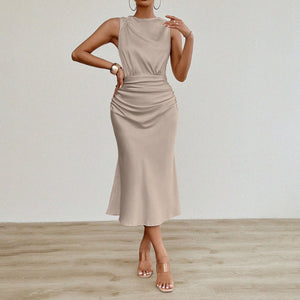 Women Clothes Summer Sexy Satin Dress Pleated Satin Midi Dress