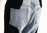 Black Blue Wave Denim Stitching Straight Wide-Leg Pants for Women Summer Internet Celebrity Street Smart Trousers