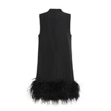 Australian Brand Design Short  Autumn Stand Collar Sleeveless Solid Color Stitching Hem Feather Dress