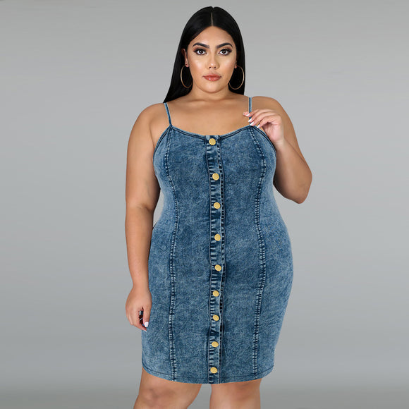 Plus Size Women Clothing Denim Sleeveless Collarless Sling Short Shipment Dress