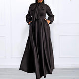 Autumn Winter Solid Color plus Size Lace up Puff Sleeve High Waist Big Swing Maxi Dress African Dress