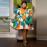 Plus Size Women Clothes Printed Ruffled Button Dress Shirt Dress
