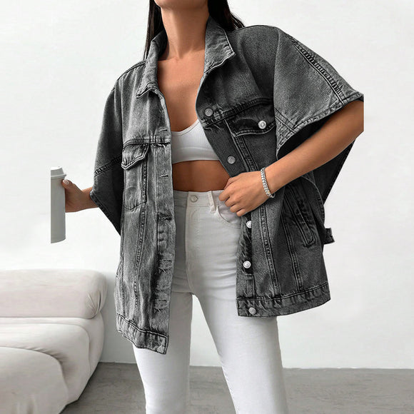 Plus Size Women Clothing Denim Drop-Shoulder Sleeve Small Coat