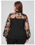 Plus Size Autumn Winter Women Clothes Solid Color Mesh Stitching Long Sleeves Lace-up Shirt