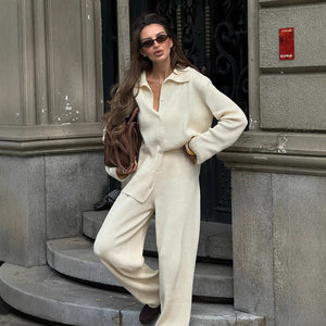 Collared Long Sleeve Knitting Autumn Winter Loose Office Bedford Cord Sweater Two Piece Sets