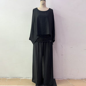 Summer Women Printed Ice Silk Breathable V neck Loose Wide Leg Pants Casual Set